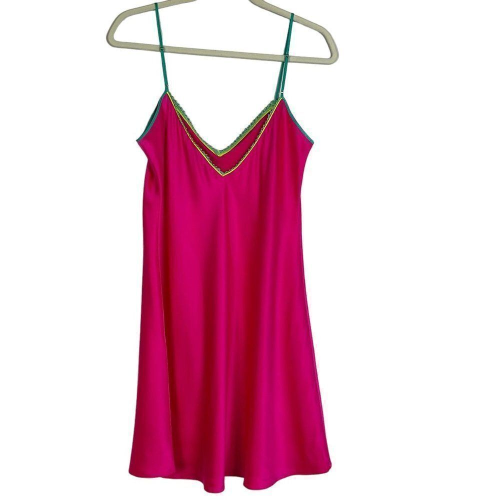 NWT Dannijo Acid Pink Lace-Trim Mini Slip Dress, Silk, Size Small - Picture 6 of 14
